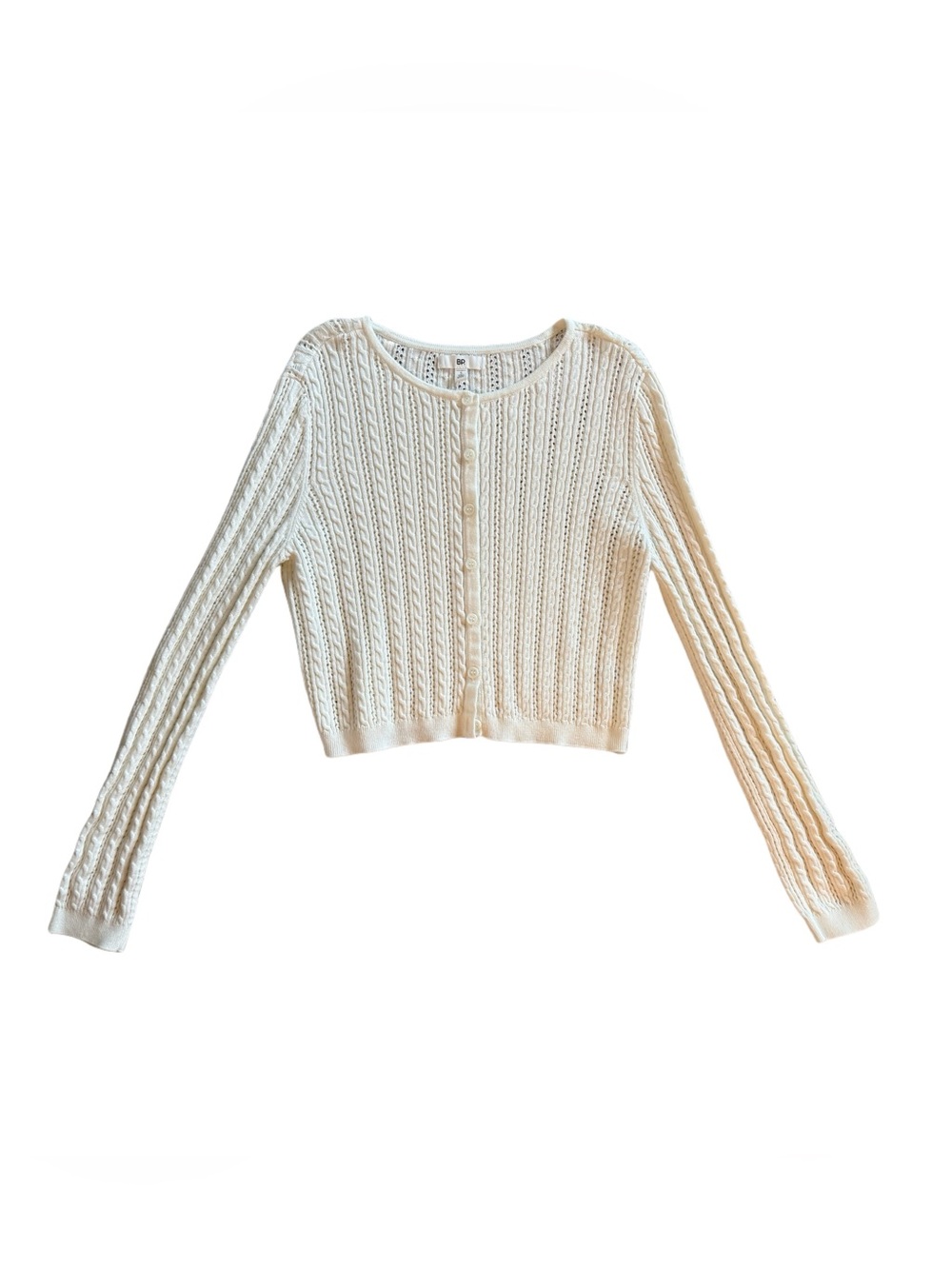 BP. Cream Cable Knit Cropped Cardigan Sweater.